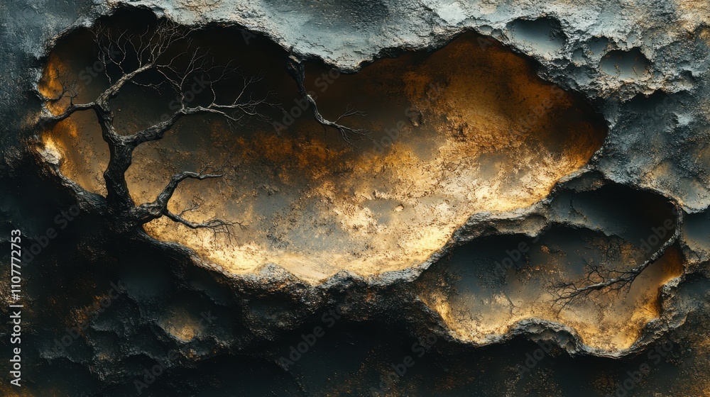 Fototapeta premium A striking abstract image featuring a rugged surface with intricate textures and a barren tree branch, ideal for backgrounds in nature-themed projects, art presentations, or creative visual content,