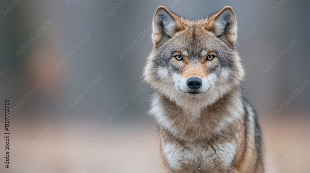 Fototapeta premium A striking portrait of a wolf showcases its intense gaze and detailed fur, perfect for wildlife studies, educational materials, or nature-themed projects