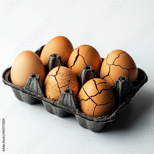 A carton containing six brown eggs, showcasing a mix of pristine and cracked shells, presented on a white isolated background for a clean and modern look. photo