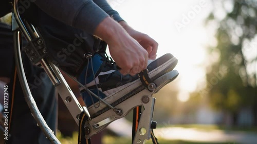 Close-up of young man s hands adjusting straps on archery equipment outdoors. He is wearing gray hoodie with soft sunlight illuminating scene, while blurred greenery in background photo