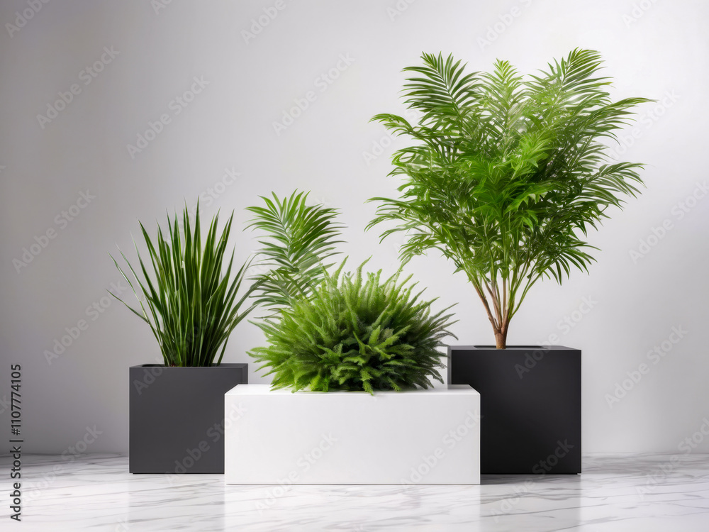 Fototapeta premium Three potted plants on a white cube against a white wall.
