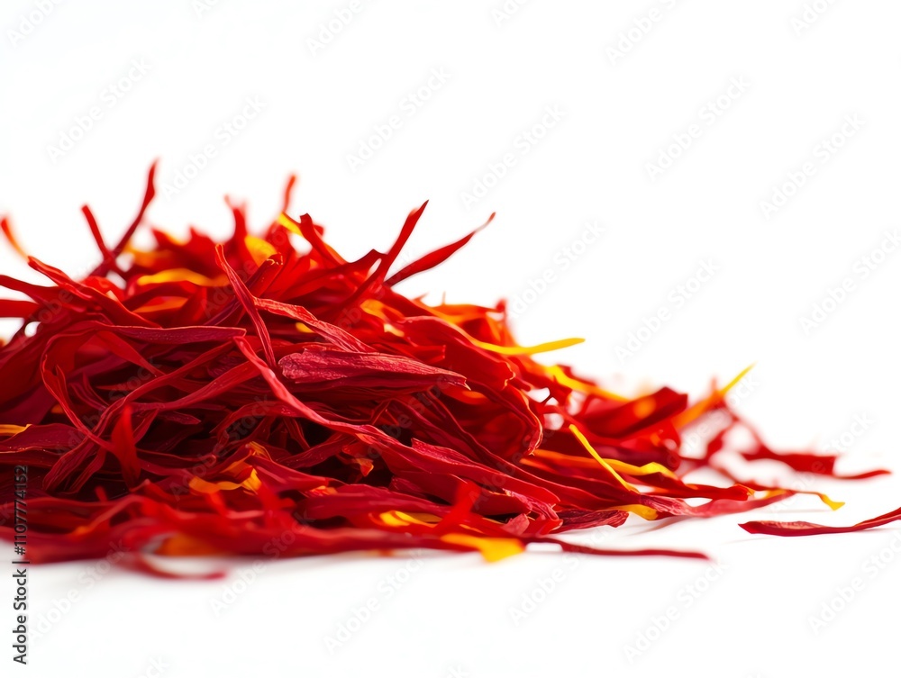 Fototapeta premium Saffron threads arranged beautifully on a white background, showcasing their vibrant red and yellow hues. Ideal for culinary and spice-related projects.