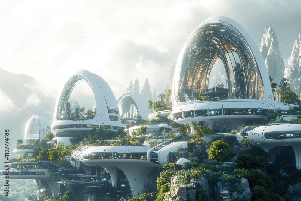 Fototapeta premium Futuristic city nestled in mountains, featuring unique architecture, green spaces, and advanced technology.