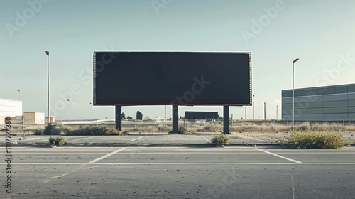 photograph of Billboard background showcasing a sleek, black advertising panel in an industrial area with a clear, sunny day and minimal surrounding activity. photo