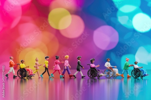 Miniature people  including wheelchair users  walking together in bokeh.
