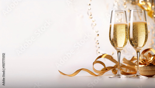 Luxurious champagne glasses filled with bubbles, golden ribbons, and a festive atmosphere for celebration moments