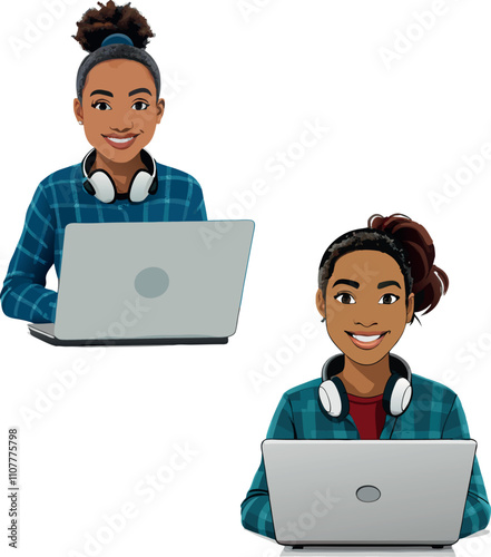 Two young black female students working on laptops with headphones