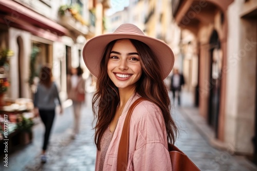 Young woman walking narrow street European city She  traveller photo