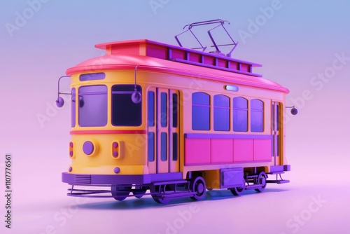 A vibrant  cartoonish depiction of a vintage tram  rendered in bright pink and yellow
