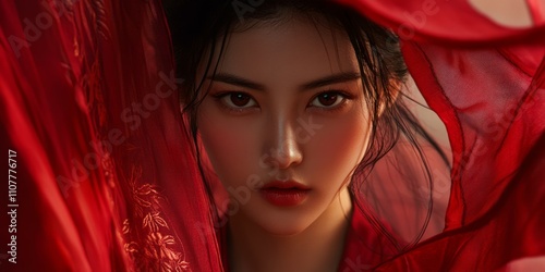 Red silk with beautiful asian woman on the wall