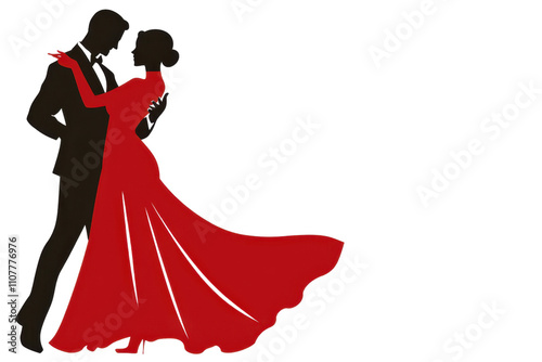 A silhouette of a couple dancing, featuring a woman in a flowing red dress and a man in formal attire.