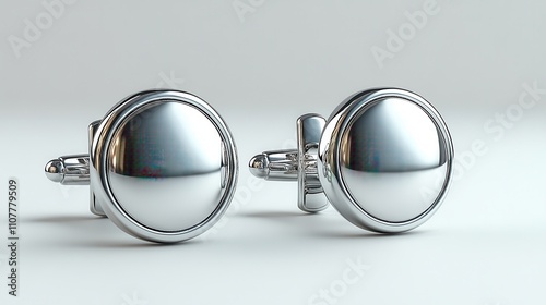 a pair of blank round silver cufflinks that are toggled and rendered in three dimensions empty clutch label cuff link mock up for formal attire clear template for a circle cuff buckle brooc photo