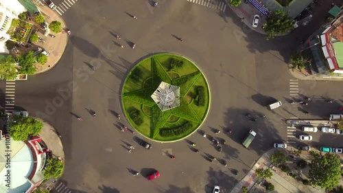 A difficult road intersection.  A drone shot from above of the intersection in Nha Trang in Vietnam of 7 roads. 