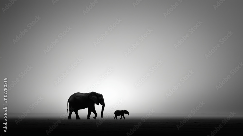 Fototapeta premium Majestic elephants walking under a hazy sunset in silhouette against a serene landscape
