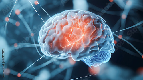 Glowing digital visualization of the human brain highlighting neural connections and intricate pathways, representing intelligence and innovation