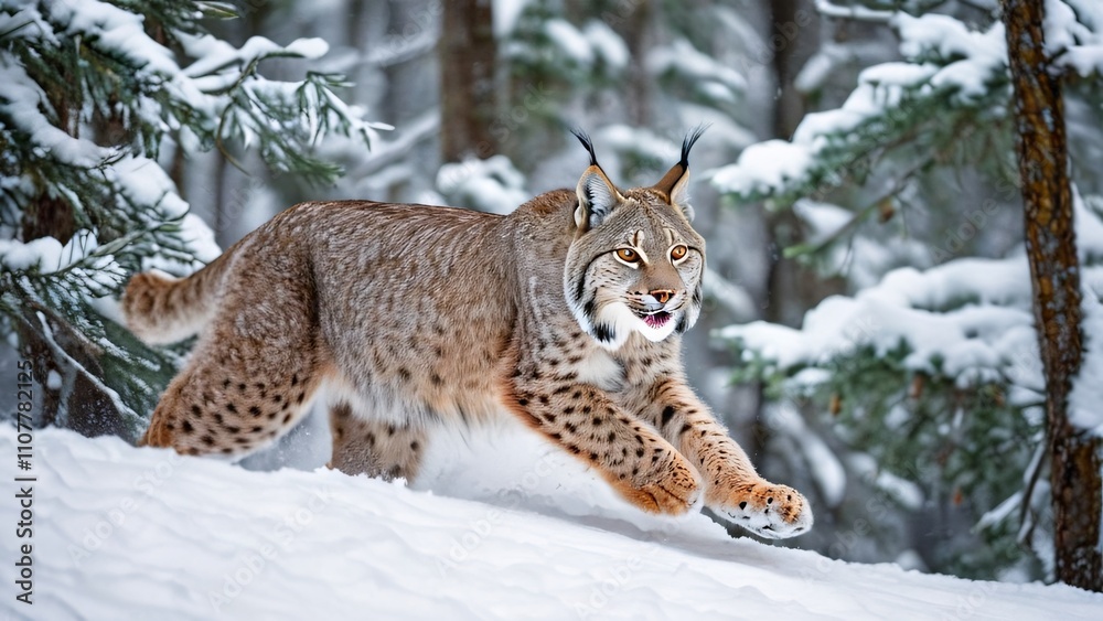 Fototapeta premium Lynx Stealthily Prowling Through Snowy Forest with Grace and Precision