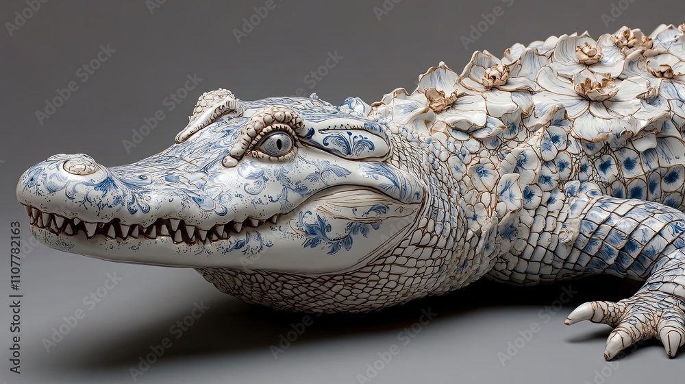 Obraz premium Porcelain Alligator Sculpture Decorated With Blue Flowers