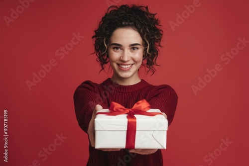 A smiling woman with curly hair offers a beautifully wrapped gift against a red background