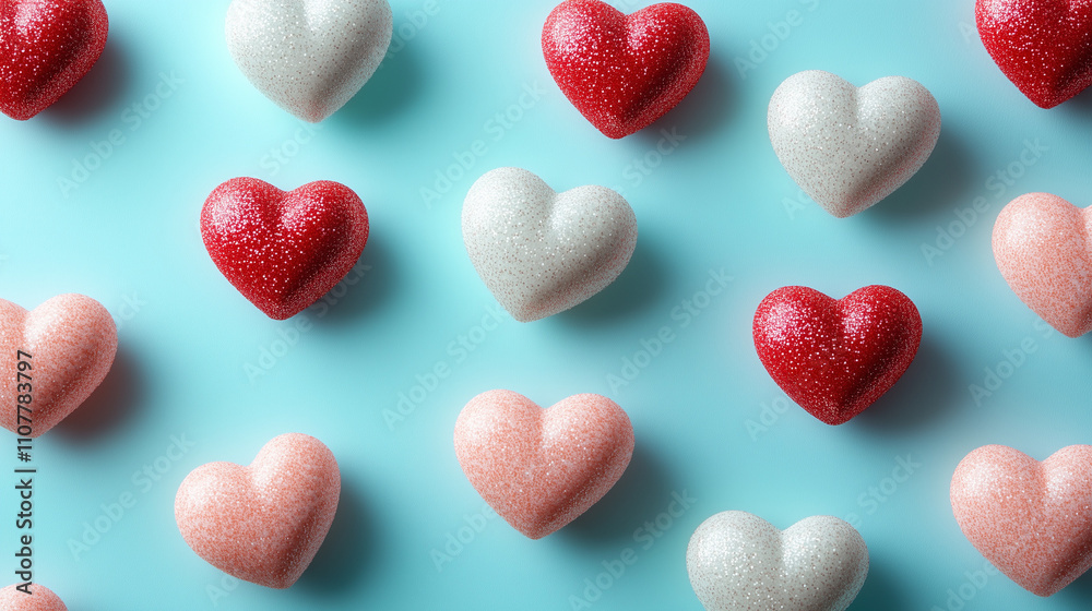 Obraz premium Playful Heart-Shaped Pattern with Pink, Red, and White Hearts on Pastel Background with copy space