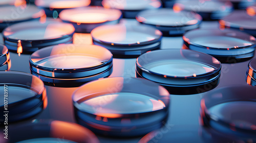 Close-up of circular glass lenses reflecting light in a visually striking arrangement.