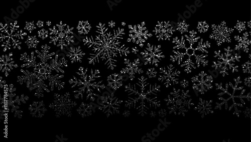 Vector illustration of intricate silver snowflakes on a black background, creating a striking and elegant design.