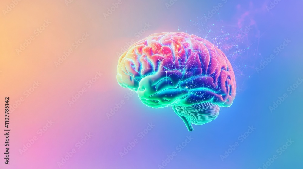 Obraz premium An artistic rendering of a healthy human brain with interconnected neural pathways, set against a gradient background with vibrant colors, medium shot