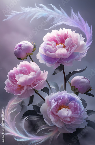 Beautiful Peony flowers with a spectrum theme, exude an impressive and vibrant vibe, Vibrant peony flowers with a spectrum theme, Created with generative AI