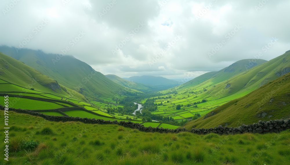 Fototapeta premium Irish landscape with rolling green hills and cloudy sky