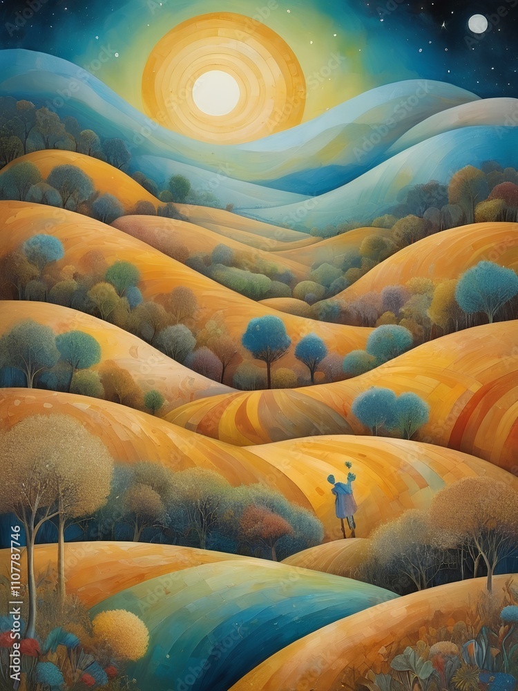 Fototapeta premium Scenic autumn landscape featuring trees in fall colors, hills in the background, and a bright moon above.