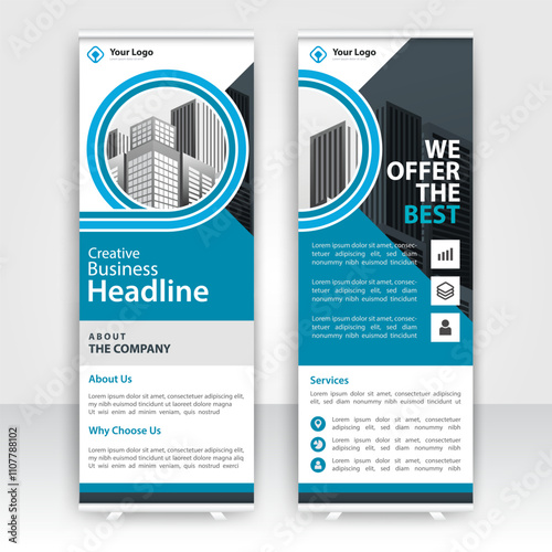 Modern design of annual report display stands showcasing professional graphics in an office environment
