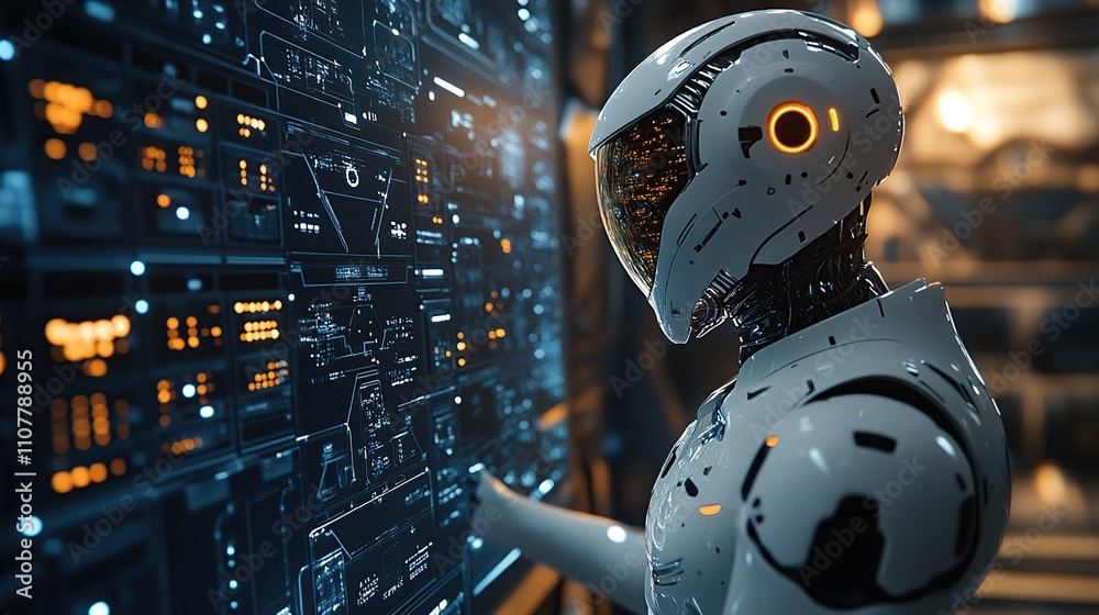 Fototapeta premium A futuristic robot interacts with a digital interface, showcasing advanced technology.