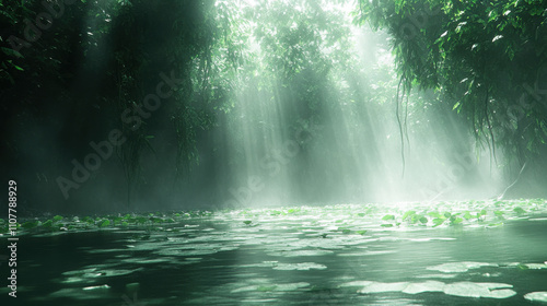 serene pond in lush forest, enveloped in fog and illuminated by soft sunlight. tranquil water reflects vibrant greenery and floating lily pads, creating peaceful atmosphere photo