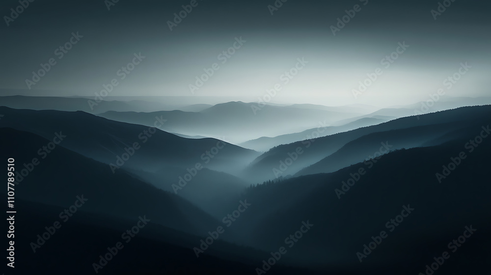 Fototapeta premium A mountain range with a misty, hazy atmosphere