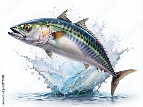 Stunning Mackerel Jumping Out of Water in Hyperrealistic Style, Capturing Dynamic Movement Against a Pure White Background for Fashion and Natural Photography Enthusiasts photo