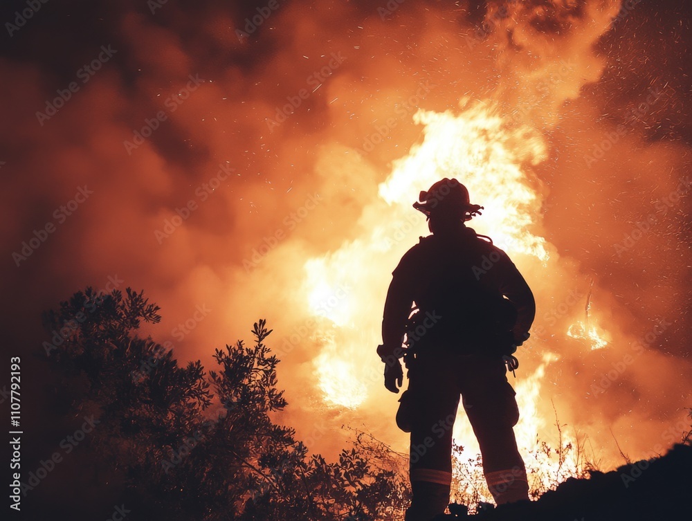 Obraz premium Firefighter Battling Large Wildfire at Dusk