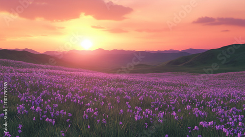 A magical landscape where rolling hills are covered in soft, glowing flowers in shades of pink, blue, and violet. The sky is a gradient of deep purple fading into soft orange, with a golden sun