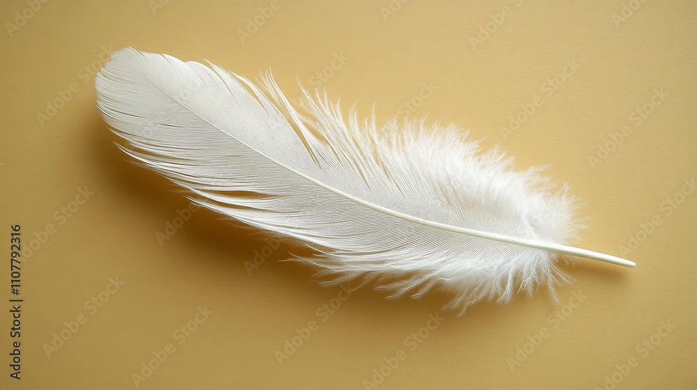 Obraz premium Delicate white feather on a soft yellow background
