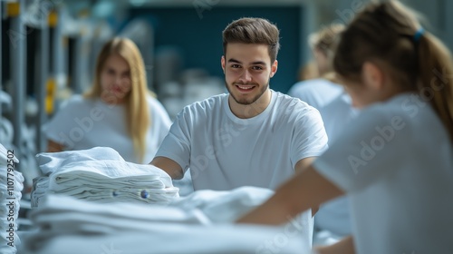 Cheerful volunteers folding clean laundry in a bright, minimalistic environment photo