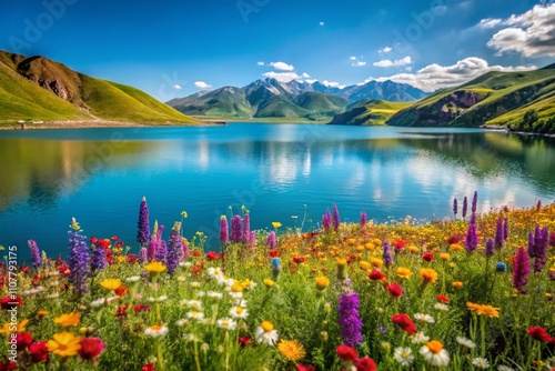 Stunning Springtime View of Kurty Reservoir with Wildflowers Blooming Against the Backdrop of Steppe Landscape in Almaty, Kazakhstan Captured in Vivid Product Photography photo