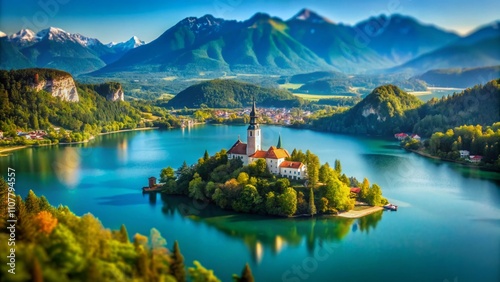 Stunning Tilt-Shift Photography of Lake Bled, Slovenia, Capturing the Serene Beauty of the Island and Castle Surrounded by Lush Green Mountains and Crystal-Clear Water photo