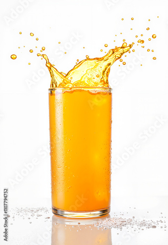 Refreshing orange drink splashing in a glass with bubbles against a bright white background