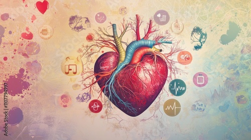 An artistic representation of a heart surrounded by a network of blood vessels and medical icons, set against a gradient background, medium shot