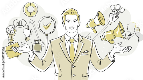branding communication concept, businessman holding viral marketing elements