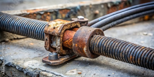 A close-up of a rusty, weathered metal spring connected to a metal rod with a bearing and bolts, showing signs of wear and tear from years of use