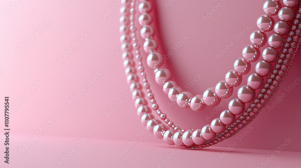 Obraz premium Elegant round pearls necklace displayed on soft pink background, showcasing beautiful arrangement of varying sizes and textures, perfect for adding touch of sophistication