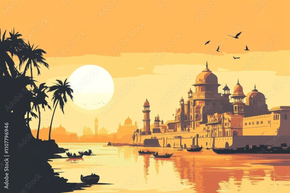 Obraz premium Illustration beautiful sunset over river sky warm orange Minimalist of Iconic Varanasi