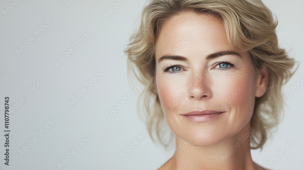 Naklejka premium A close-up portrait of an elegant, middle-aged woman against a white background, showcasing her radiant skin tone