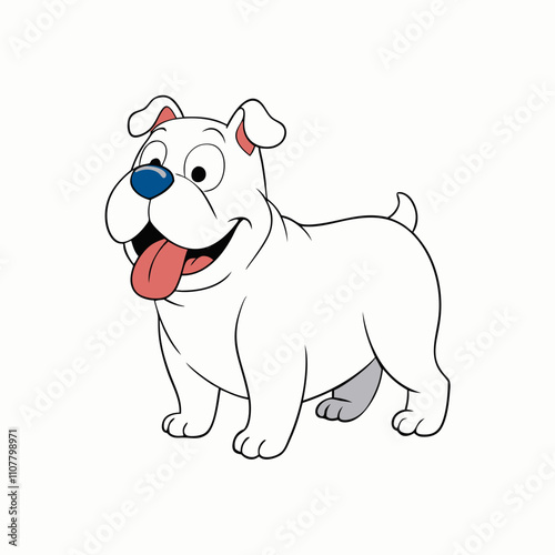 A full-length cartoon white bulldog stuck out his tongue