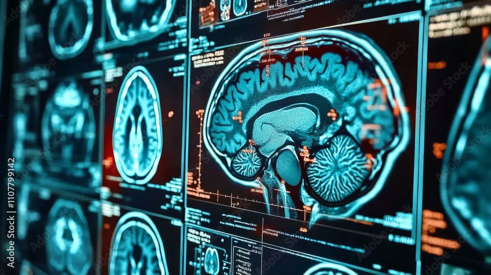 Fototapeta premium Close-up computer screen multiple MRI images human brain Advanced scan