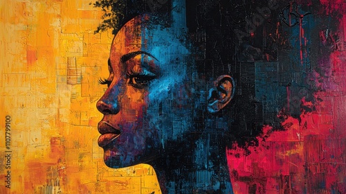 This artistic image features a profile of a young African woman against a vibrant abstract background, emphasizing her features and hairstyle. photo